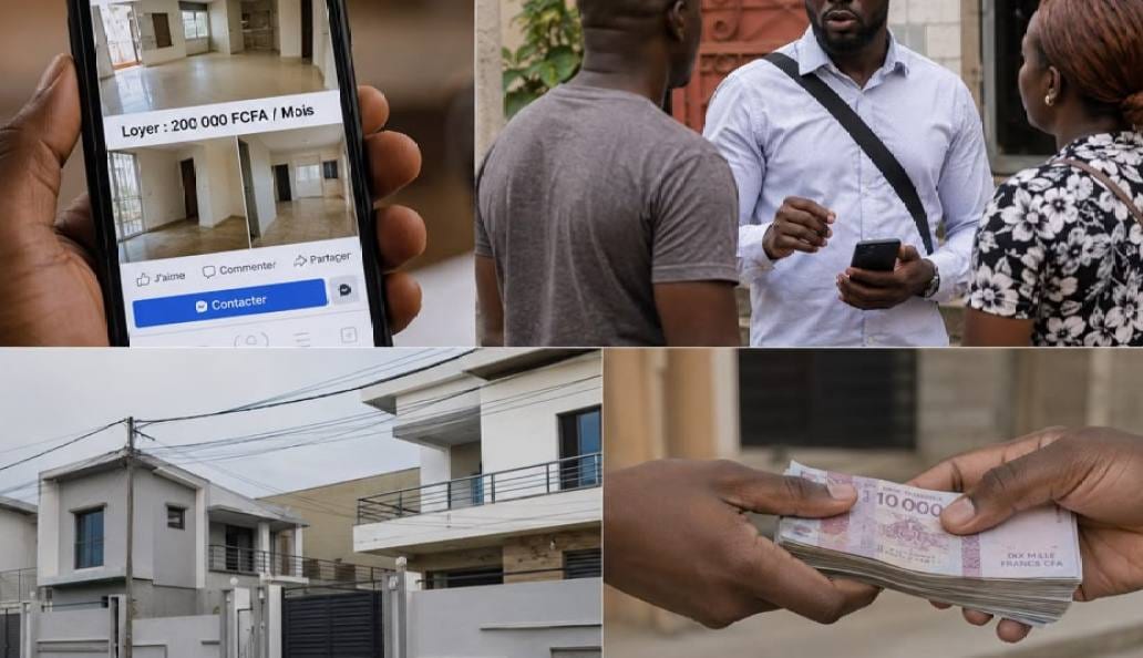 Portail d'une maison avec une pancarte à louer dans un quartier de Libreville