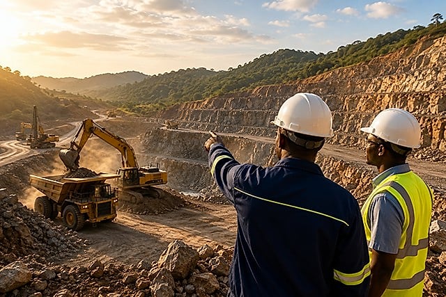 Site d'exploitation minière au Gabon avec engins et infrastructures