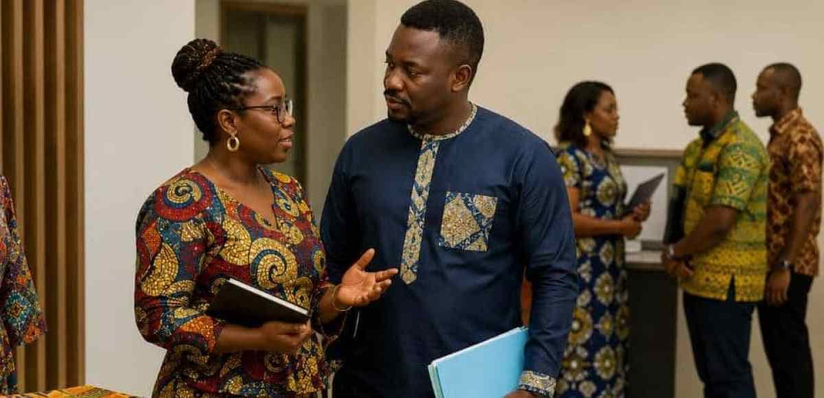 Agents de l'administration publique gabonaise portant des tenues africaines colorées