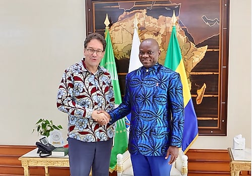 Poignée de main entre le président gabonais et l'ambassadeur de France lors d'une audience officielle à Libreville