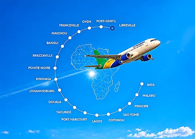 Avion sur le tarmac de l'aéroport de Libreville avec la tour de contrôle en arrière-plan.
