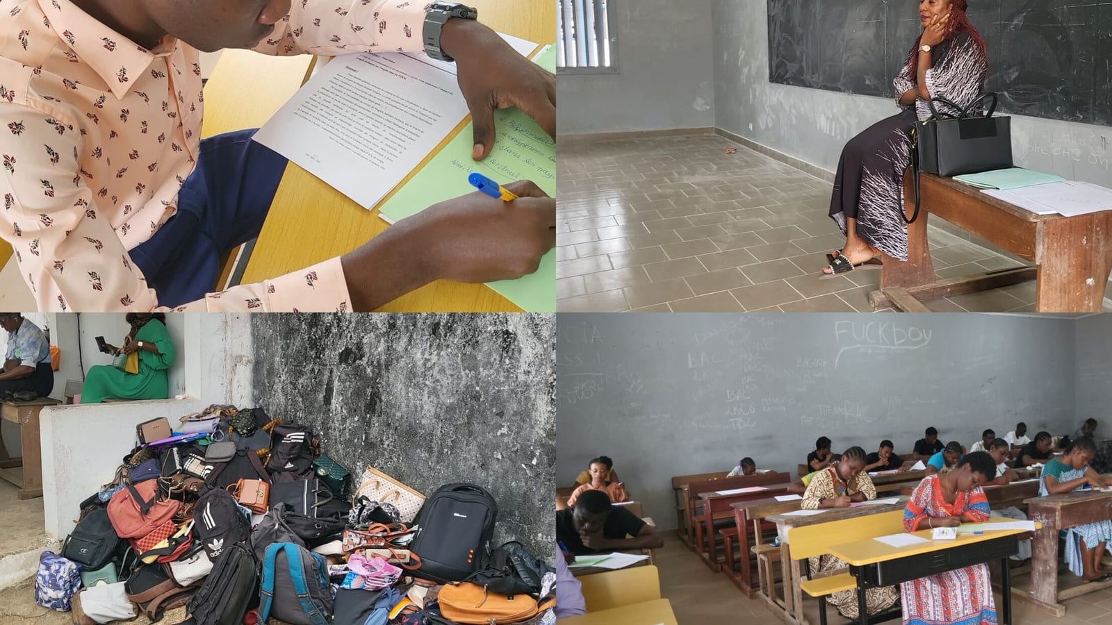 Des élèves gabonais assis à leur table d'examen dans une salle de classe, en train de composer pour le baccalauréat.