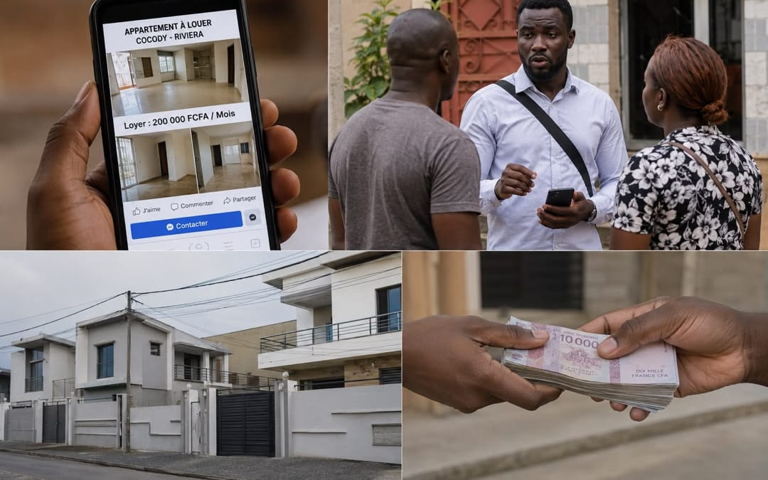 Façades d'immeubles résidentiels à Libreville avec des affiches de location
