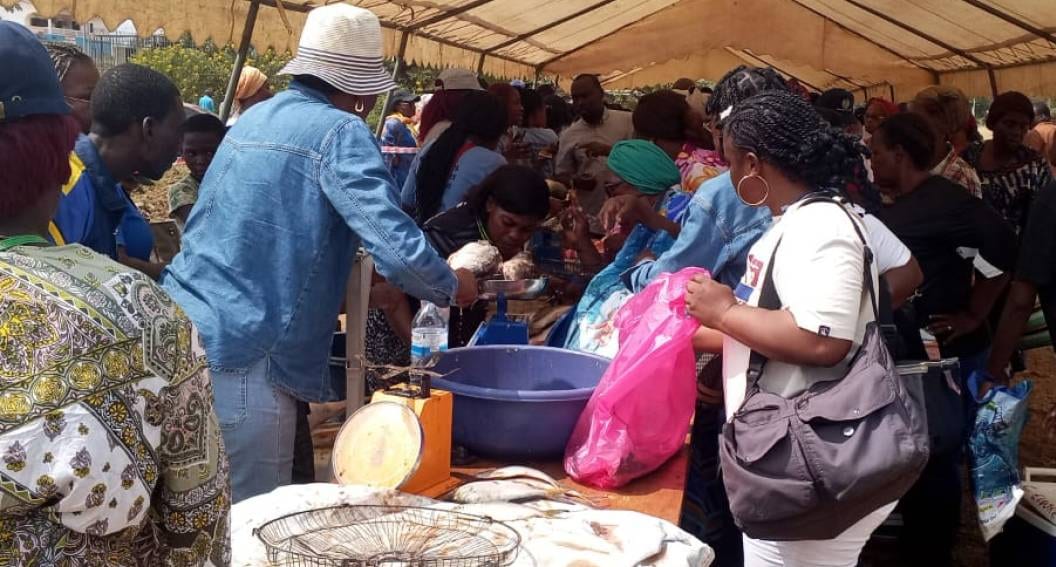 Marché en plein air avec des étals de poissons et une foule de clients à Ntoum.