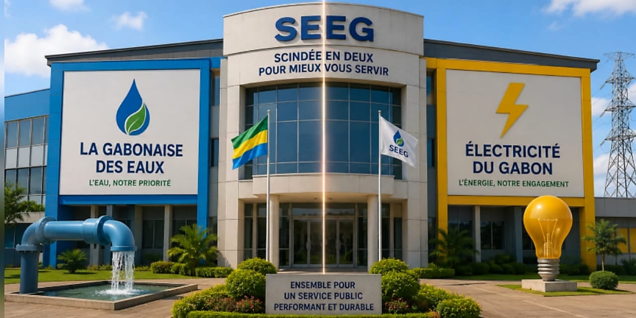 Pylône électrique et agent technique sur le réseau, illustration du secteur de l'énergie au Gabon.