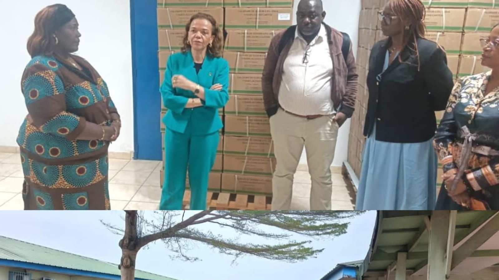 Délégation ministérielle visitant un couloir d'hôpital public à Port-Gentil