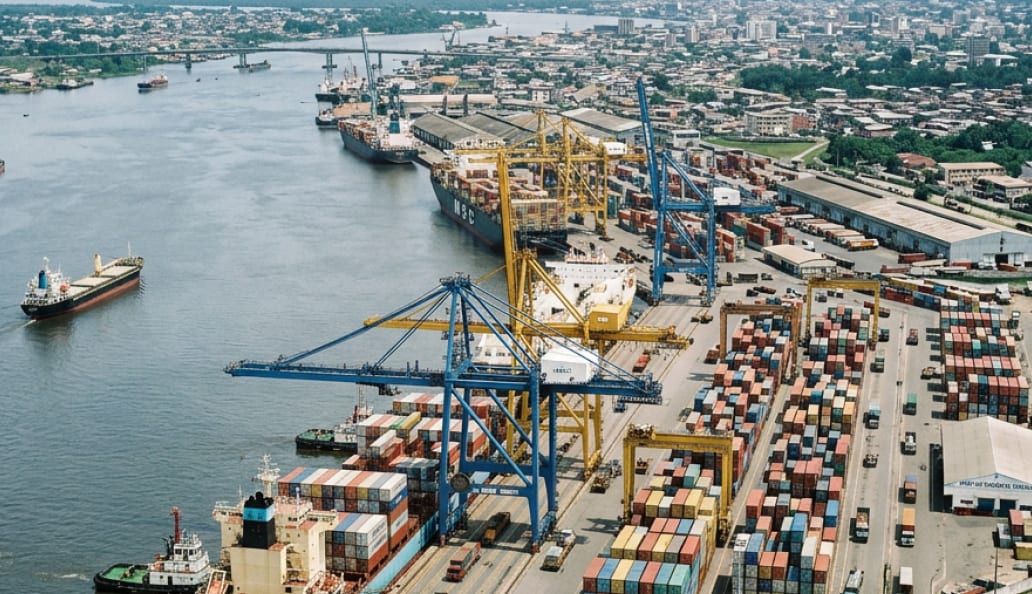 Cargos et grues portuaires dans un port d'Afrique centrale