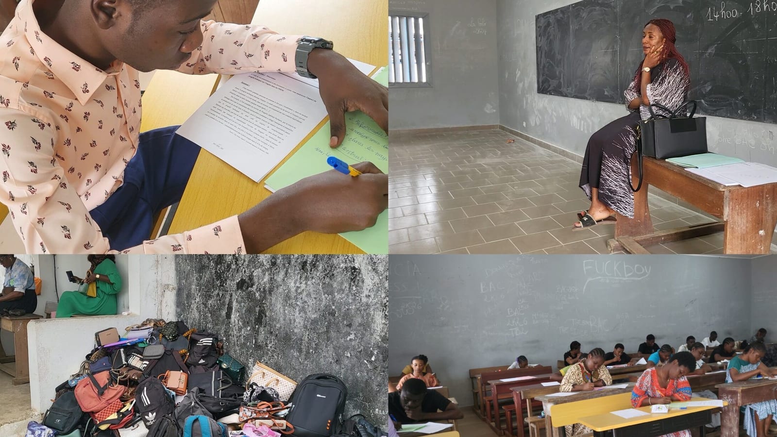 Candidats au baccalauréat composant dans une salle de classe au Gabon