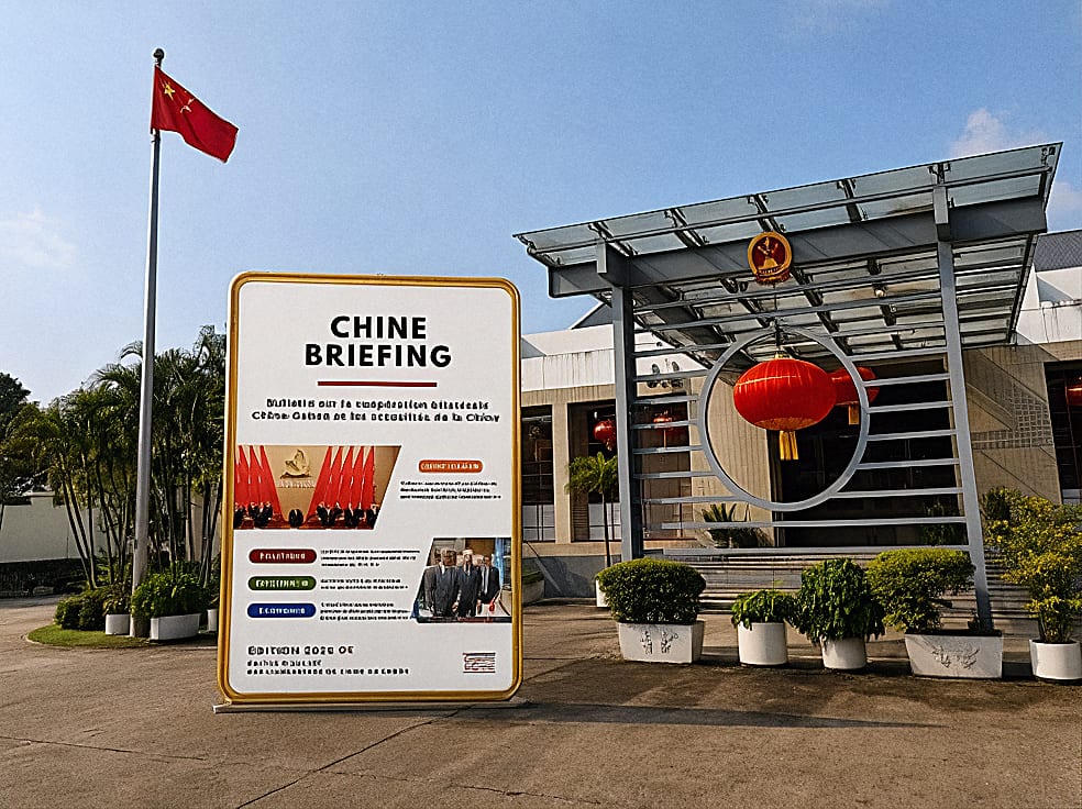 Drapeaux du Gabon et de la Chine flottant devant un bâtiment institutionnel à Libreville