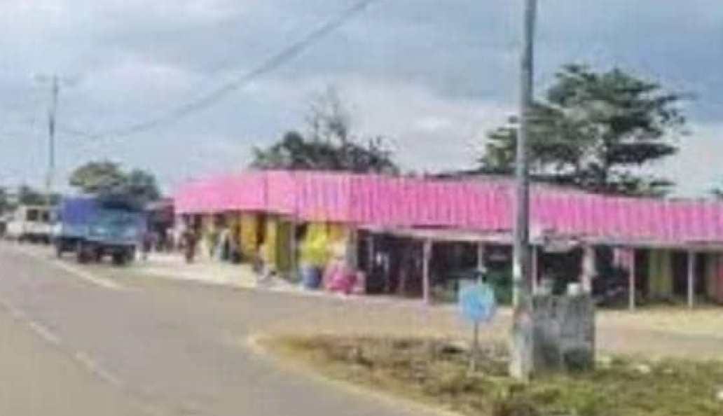 Ruelle d'un village gabonais dans la province de la Ngounié, avec des maisons modestes en arrière-plan.