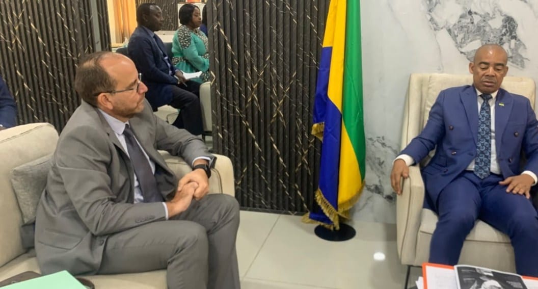 Rencontre officielle entre un ministre gabonais et un ambassadeur au sein d'un bureau ministériel.
