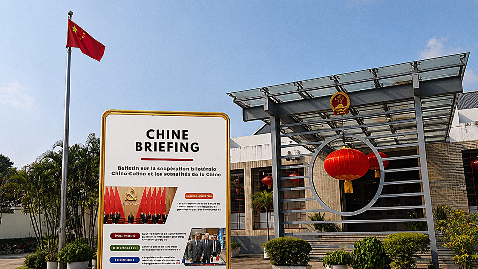 Façade de l'ambassade de Chine à Libreville avec drapeaux gabonais et chinois