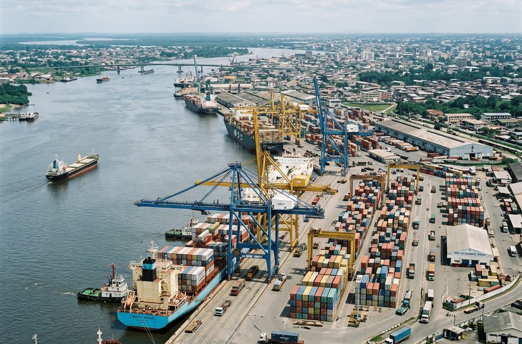 Vue aérienne d'un port maritime avec plusieurs navires marchands et grues à conteneurs