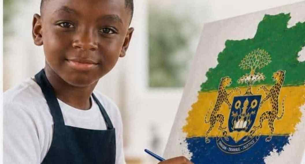 Enfants gabonais réunis autour du drapeau national lors d'une activité éducative