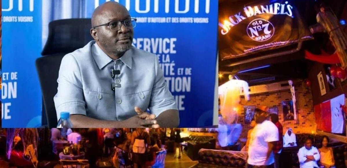 Intérieur d'un bar gabonais avec système de sonorisation et clients attablés en soirée