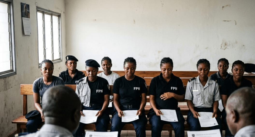 Recrues en tenue de formation lors d'un exercice sur un terrain d'entraînement policier.