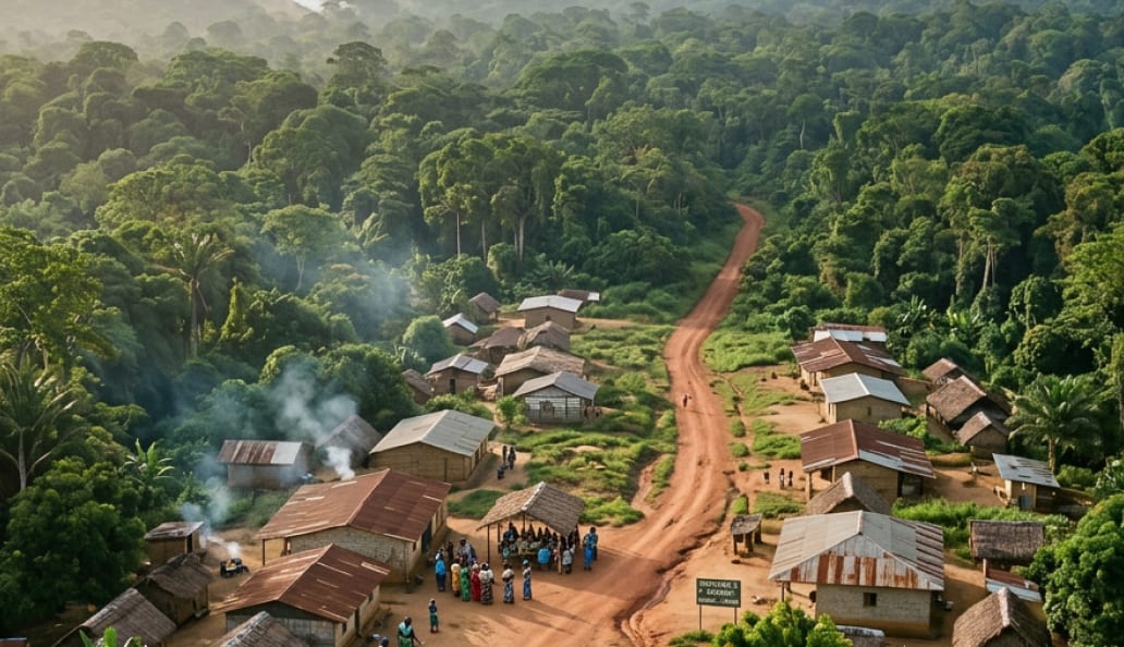 Anciens assis en cercle lors d'une veillée traditionnelle dans un village gabonais au crépuscule