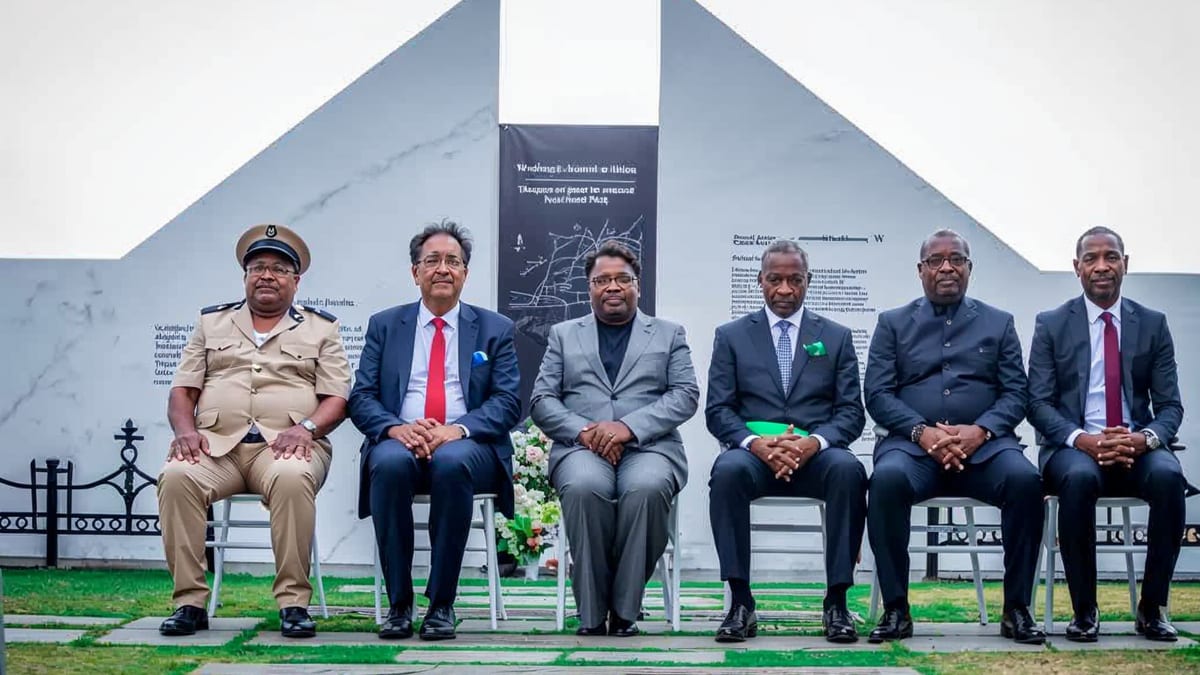 Monument commémoratif en pierre installé près d'un pont à Libreville