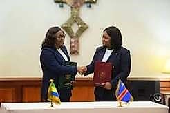 Les présidents gabonais et congolais se serrant la main lors d'une visite officielle
