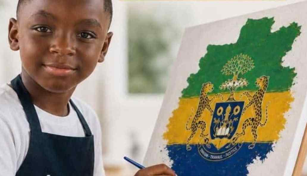 Enfants participant à un atelier éducatif devant un drapeau gabonais