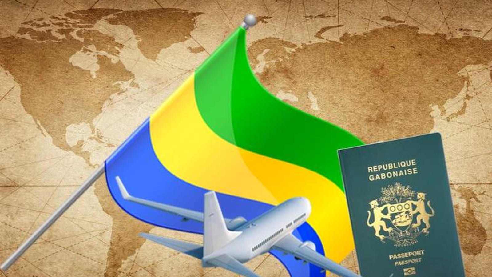 Passeport gabonais ouvert sur une carte du monde symbolisant les destinations accessibles