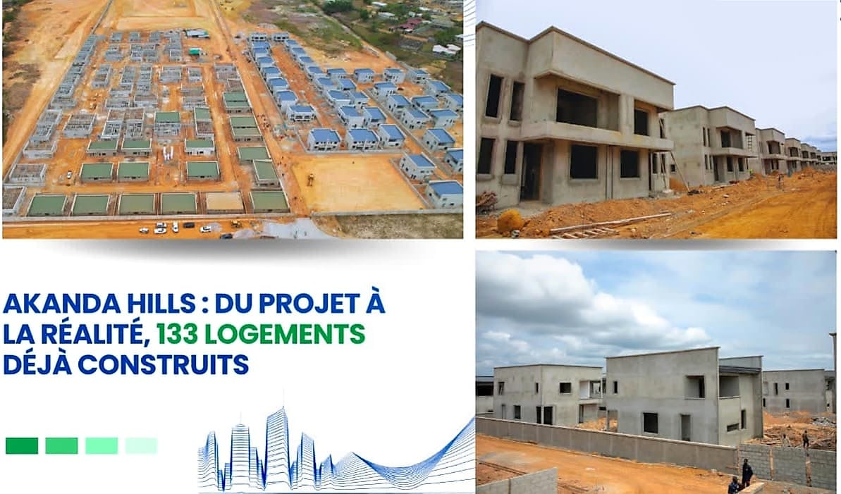 Chantier du programme immobilier Akanda Hills à Mangouba, commune d'Akanda, avec villas et duplex en construction