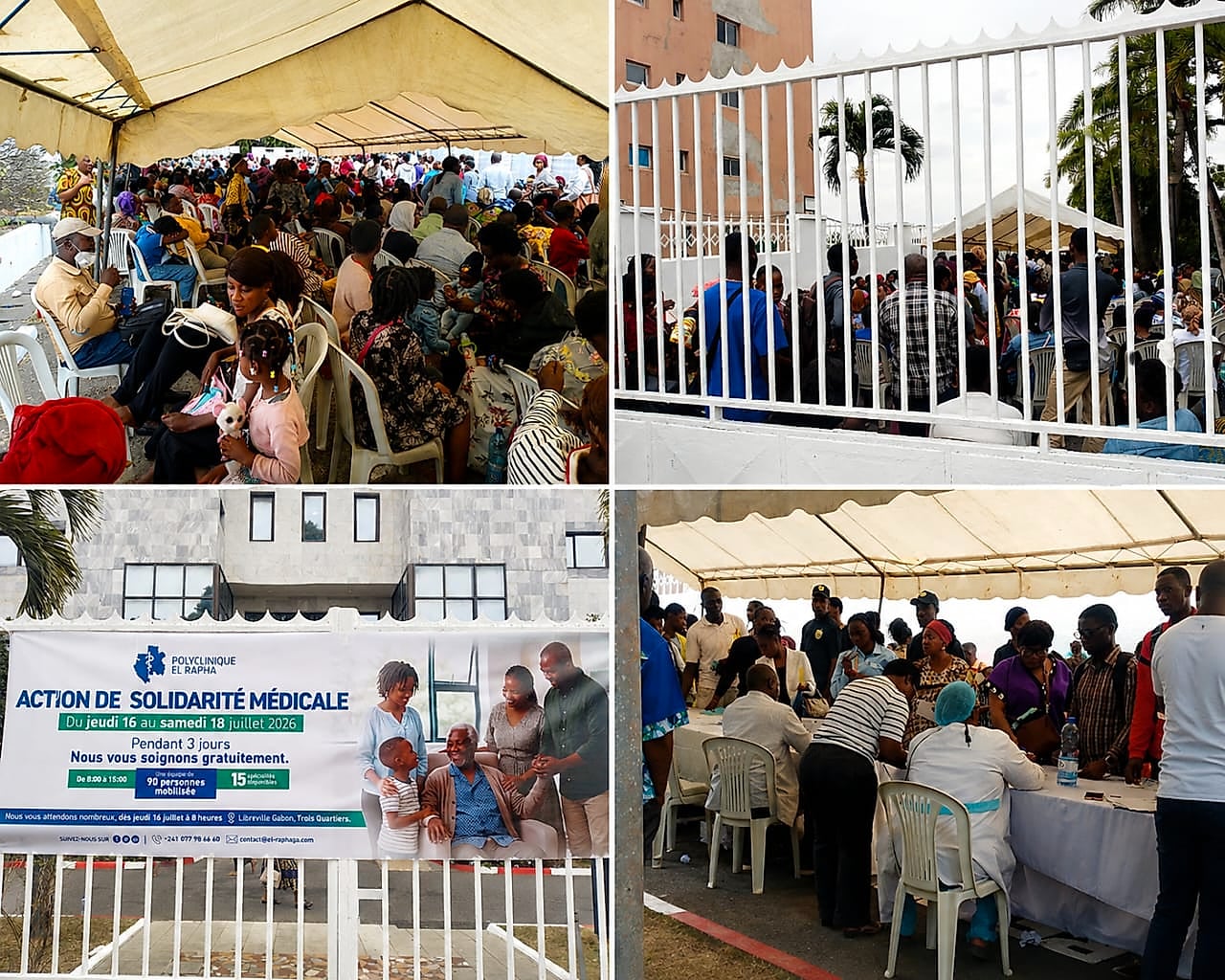 File de personnes attendant devant l'entrée d'une polyclinique à Libreville.