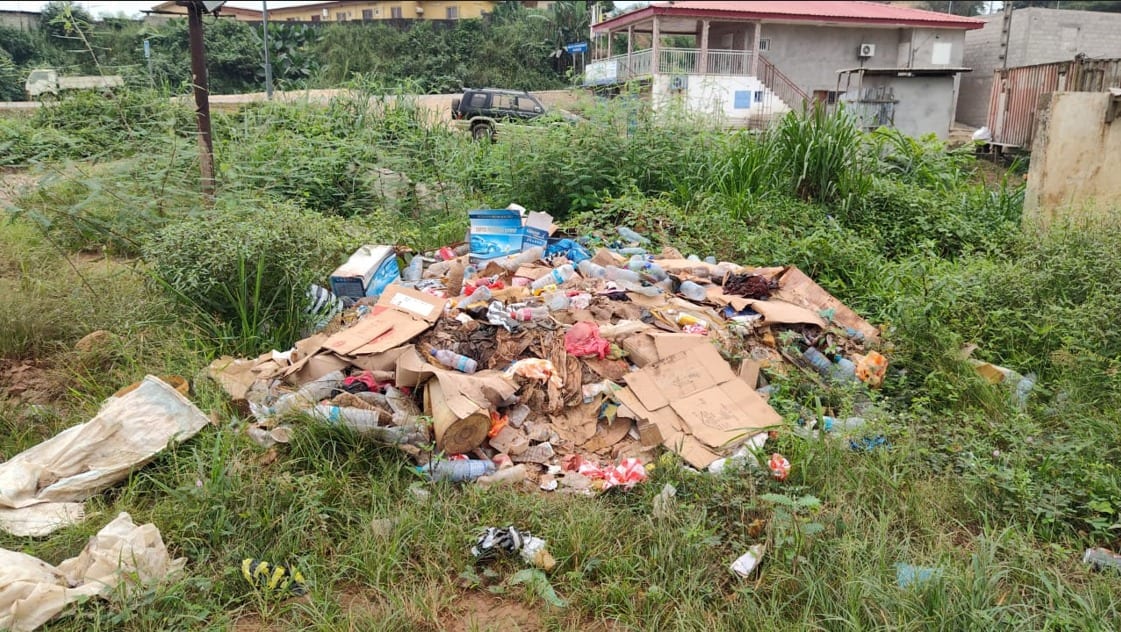Rue de Ndjolé avec une mare d'eau stagnante et des déchets au sol, sous un ciel nuageux.