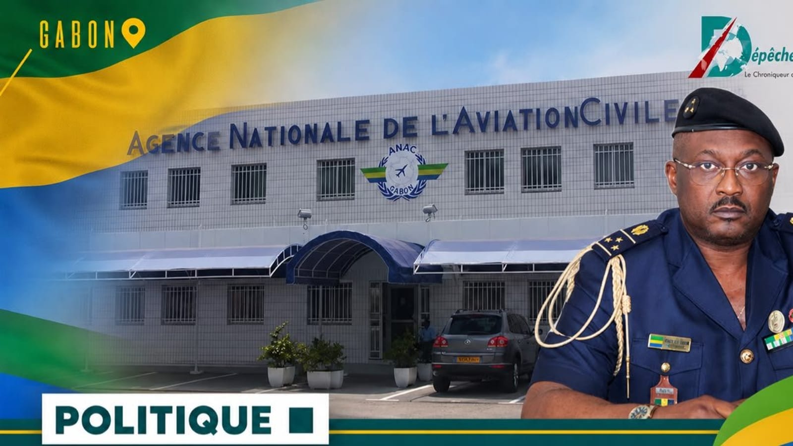 Avion stationné sur le tarmac d'un aéroport gabonais avec tour de contrôle visible