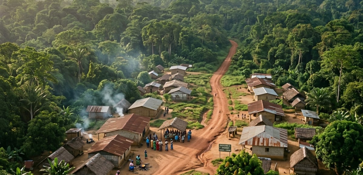 Groupe de personnes assises en cercle sous un grand arbre lors d'une palabre villageoise
