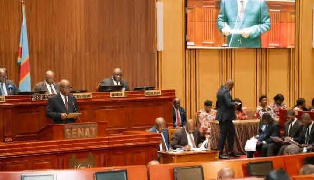 Hémicycle parlementaire avec sénateurs en séance de travail