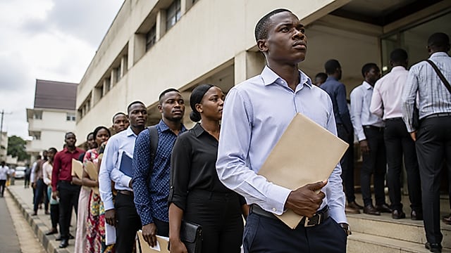 Groupe de jeunes gabonais devant un bâtiment public au Gabon