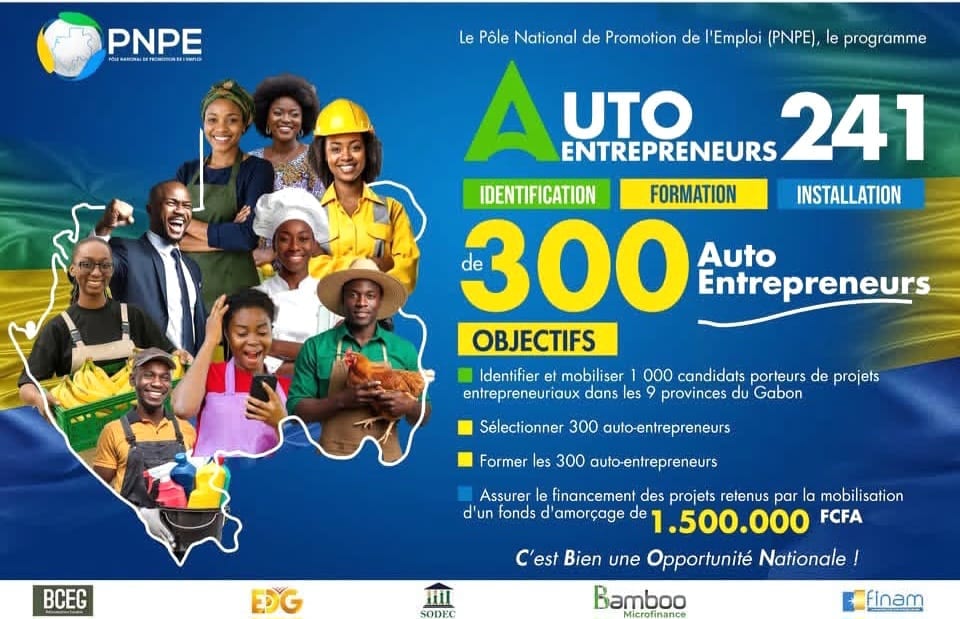 Illustration d'un jeune entrepreneur gabonais dans son commerce, symbolisant l'auto-entrepreneuriat