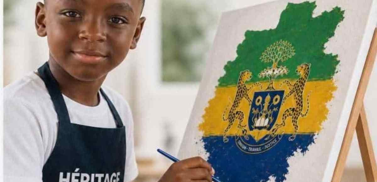 Enfants gabonais devant un drapeau national
