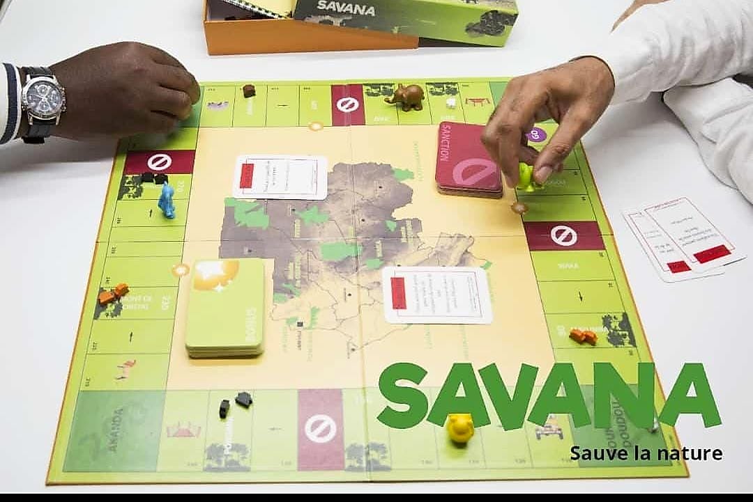 Partie de jeu Savana avec un plateau illustré du Gabon