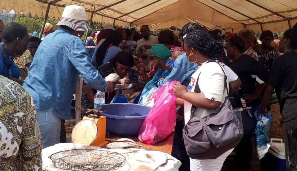Marché en plein air avec des étals de poissons et des vendeuses à Ntoum