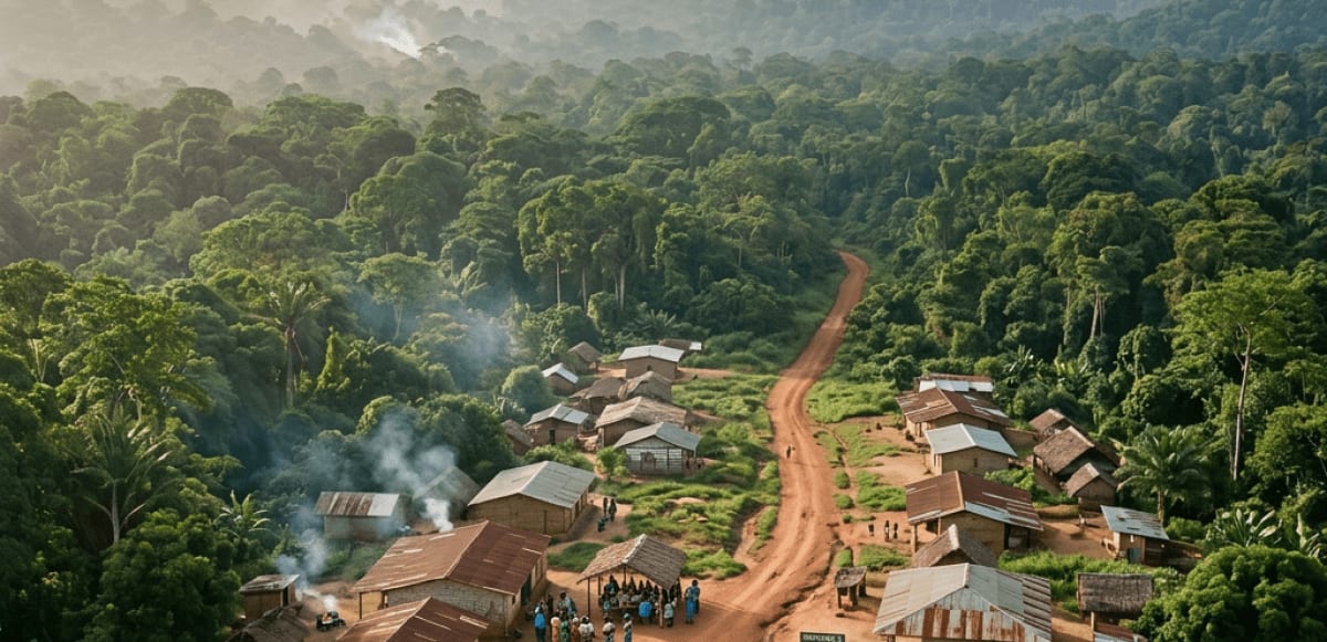 Groupe d'anciens assis en cercle sous un arbre, en pleine discussion dans un village gabonais