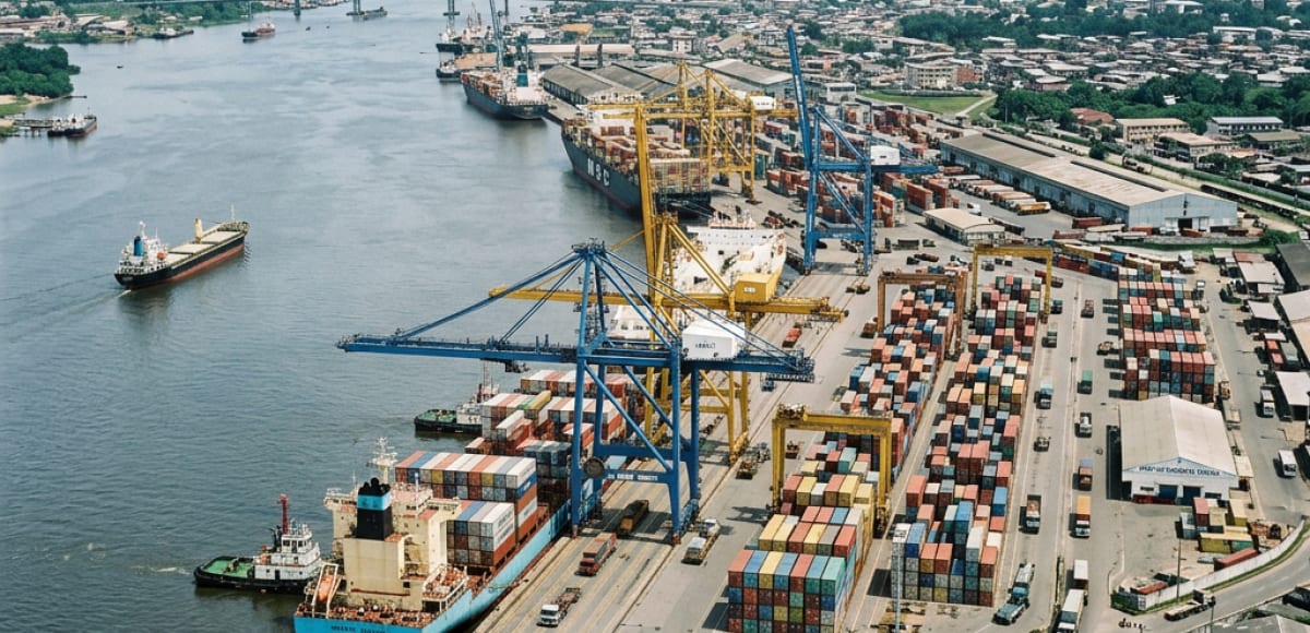 Cargos et navires de commerce amarrés dans un port maritime africain.