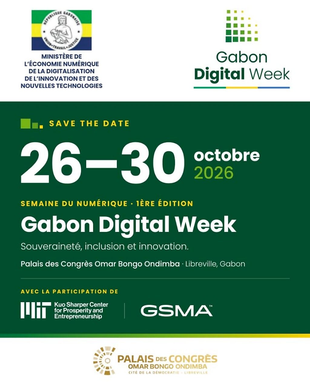 Bâtiment du Palais des Congrès Omar Bongo Ondimba à Libreville, site de la Gabon Digital Week 2026.