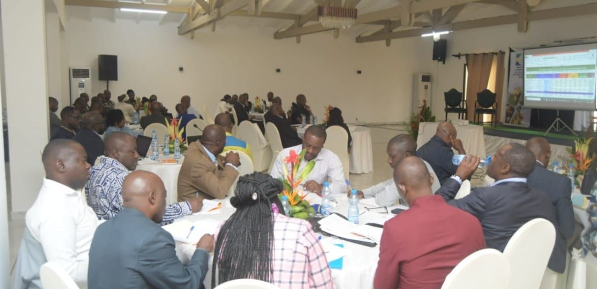 Réunion de travail de responsables du ministère de l'Agriculture du Gabon dans une salle de conférence
