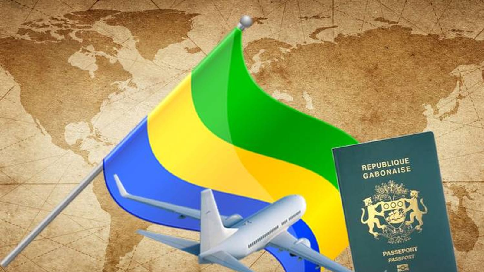 Passeport gabonais ouvert posé sur une carte du monde avec un billet d'avion