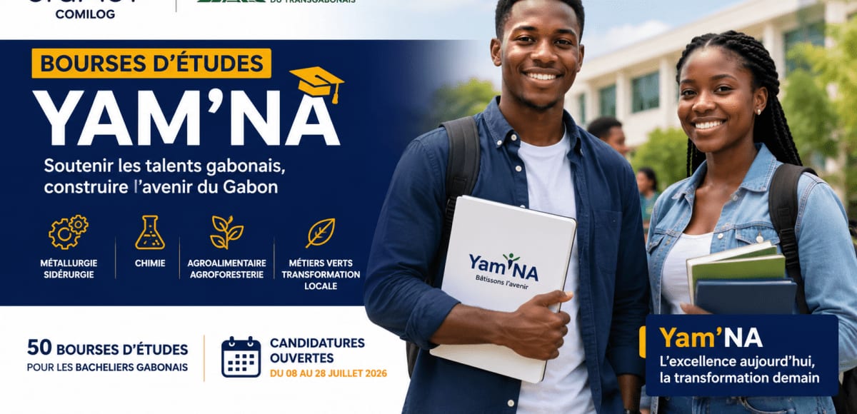 Étudiants gabonais tenant des documents devant un bâtiment universitaire