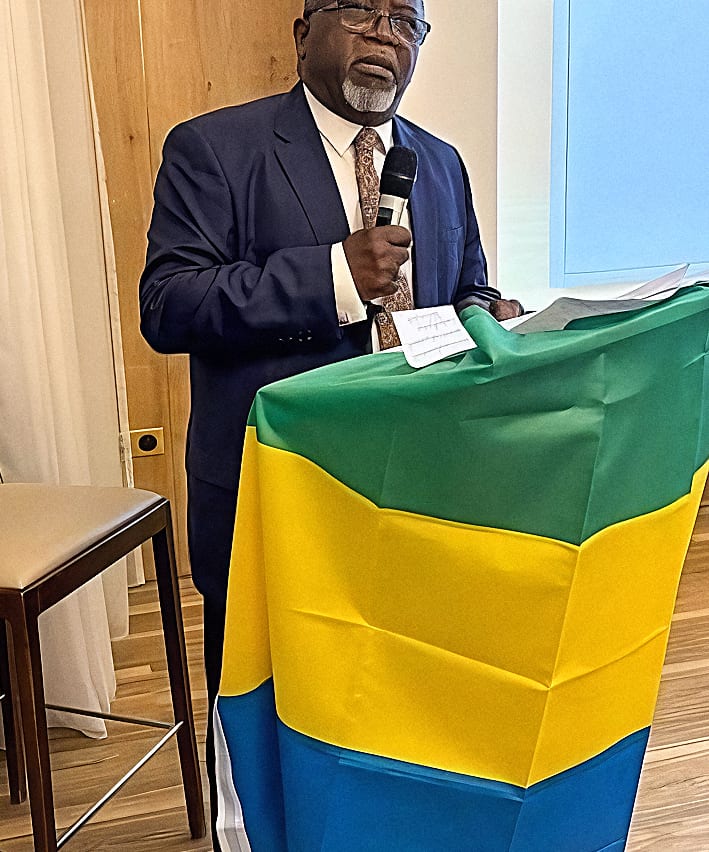 Groupe de Gabonais réunis lors d'un rassemblement communautaire en France, drapeaux gabonais visibles